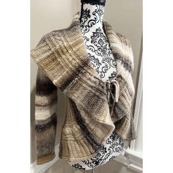 Elsamanda Anthropologie Brown Cable Ruffle Wool Cardigan Sweater Shawl Sz Small - Picture 6 of 14